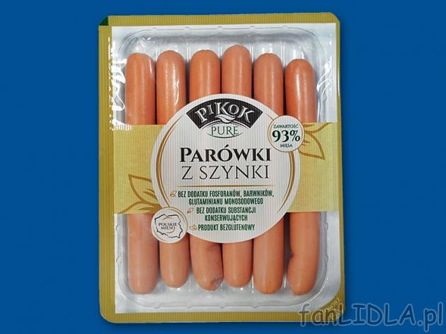 Pikok Pure Parówki z szynki extra , cena 2,00 PLN za 240 g/1 opak., 100 g=1,16 PLN.