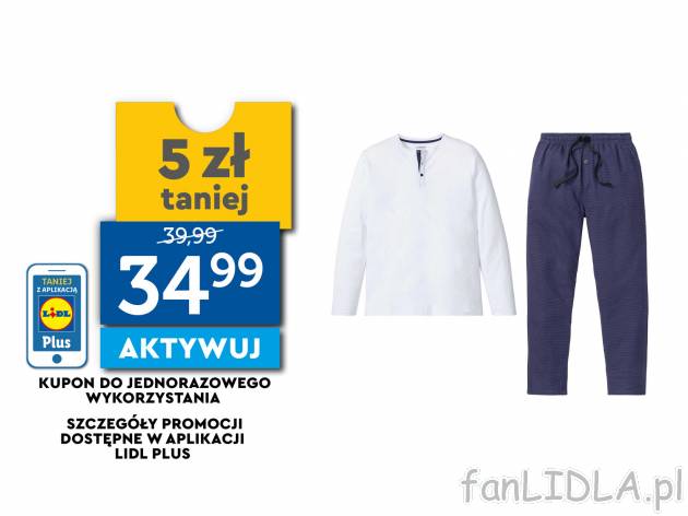 Piżama męska Livergy, cena 39,99 PLN 
- 100% bawełny
- spodnie z elastycznym ...