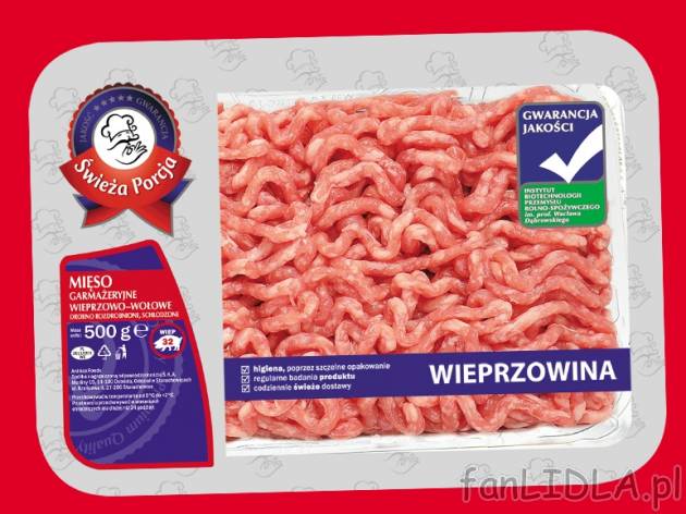 Mięso mielone wieprzowo-wołowe , cena 4,63 PLN za 500 g/1 opak., 1kg=9,26 PLN. ...