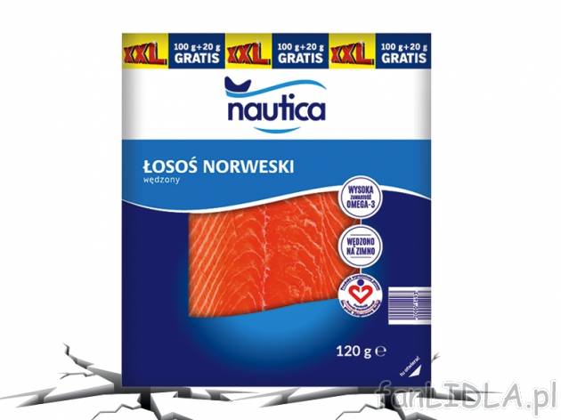 Nautica Łosoś norweski wędzony , cena 9,00 PLN za 120 g/1 opak., 100 g=8,33 PLN.