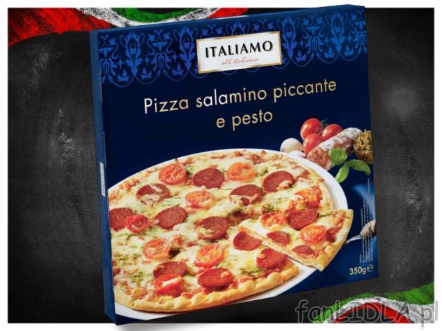 Pizza z salami , cena 4,99 PLN za 350 g, 1kg=14,26 PLN. 
- Z wędzonym salami pepperoni, ...