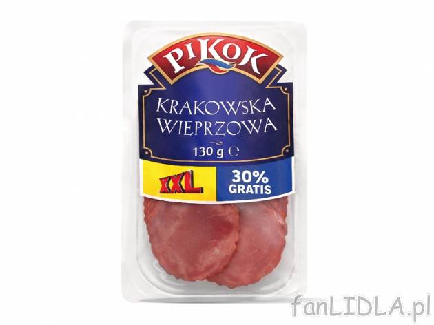 Pikok Kiełbasa krakowska sucha , cena 3,00 PLN za 130 g/1 opak., 100 g=2,92 PLN.