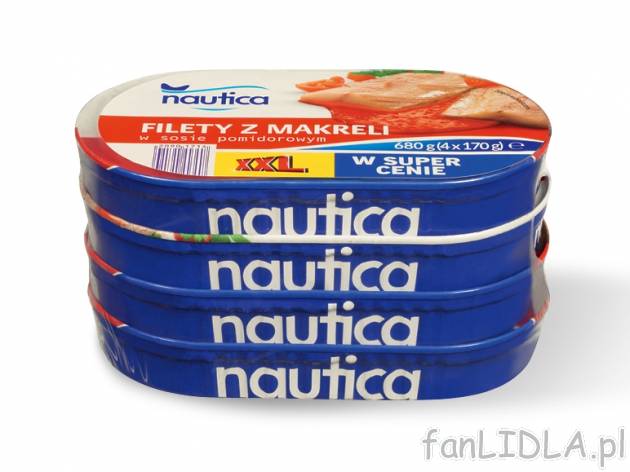 Nautica Filety z makreli w sosie pomidorowym , cena 9,00 PLN za 4x170 g, 1 kg=14,69 PLN.