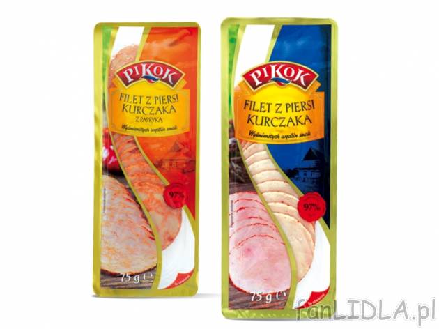 Pikok Filet z kurczaka w plastrach , cena 1,00 PLN za 75 g/1 opak., 100 g=2,65 PLN. ...