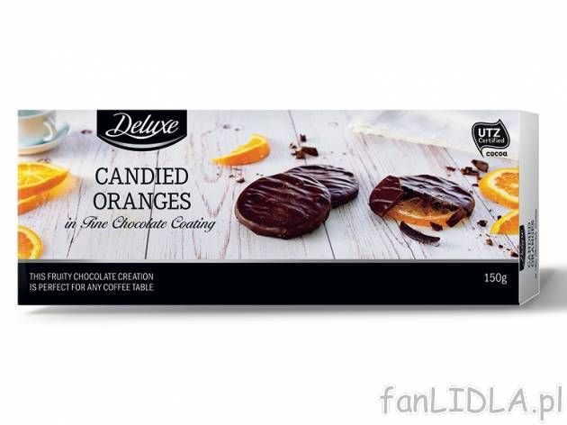Pomarańcze w czekoladzie , cena 8,00 PLN za 150 g/1opak., 100 g=5,99 PLN. 
Oferta ...