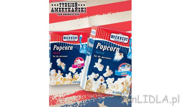 Popcorn do mikrofalówki , cena 3,49 PLN za 1 opak. 
-  Maślany, słodki lub solony.