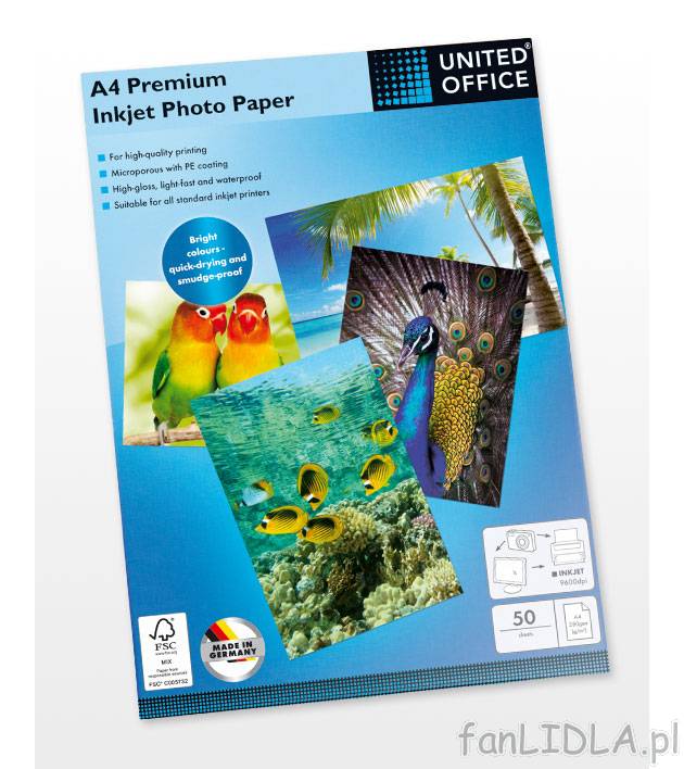 Papier fotograficzny A4 Premium United Office, cena 25,99 PLN za 1 opak. 
- mikroporowaty ...