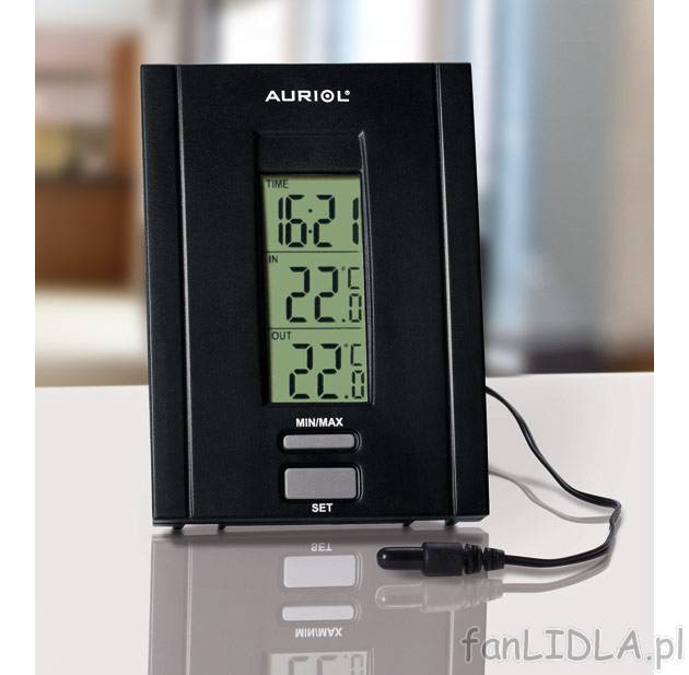 Termometr Auriol, cena 14,99 PLN za 1 szt. 
- jednoczesne wskazanie godziny, temperatury ...
