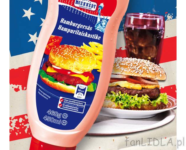Sos do hamburgerów , cena 4,99 PLN za 450 ml/1 opak. 
- gęsty, o kremowej konsystencji, ...