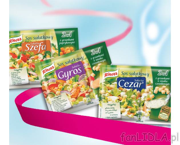 Knorr sosy sałatkowe 2 w 1 , cena 1,65 PLN za 29/30 g/1 opak. 
-  Różne rodzaje.