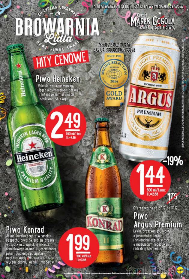 Duży wybór piw na sylwestrową imprezę: piwo Heineken, piwo ARgus Premium, piwo Konrad.