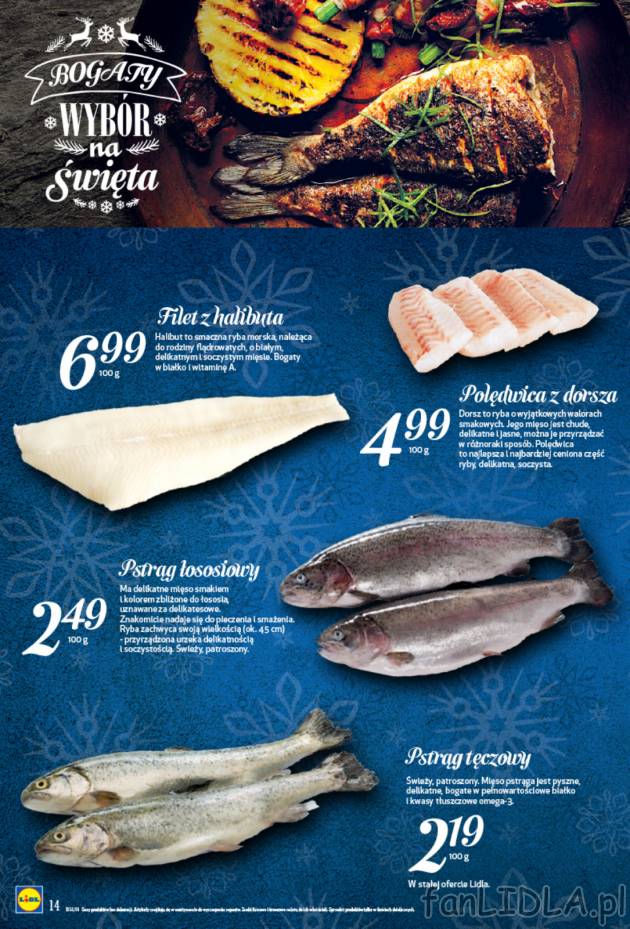 Bogaty wybór ryb w Lidlu: filet z halibuta, polędwica z dorsza, pstrąg łososiowy, ...