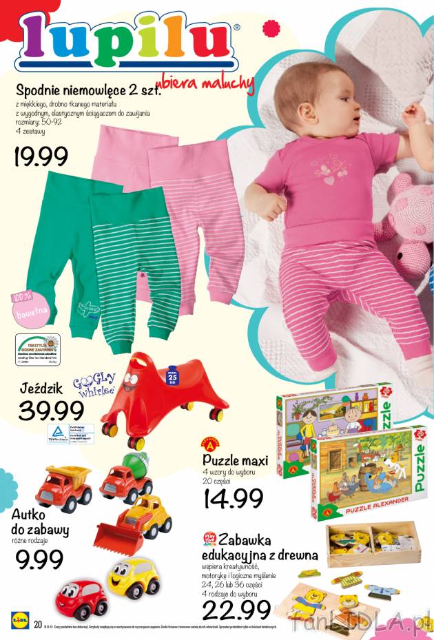 Spodnie niemowlęce w paski lub jednokolorowe ze ściągaczem do zawijania za 19,99 zł.