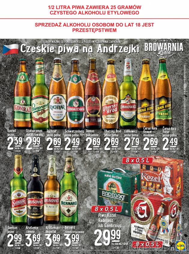 Czeskie piwa na Andrzejki z Lidla: jasne, pełne, półciemne, miodowe, niepasteryzowane.