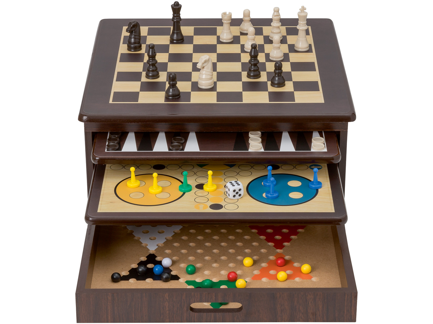Drewniana kolekcja gier 10 w 1 Playtive, cena 89,90 PLN 
- w zestawie: szachy, warcaby, ...